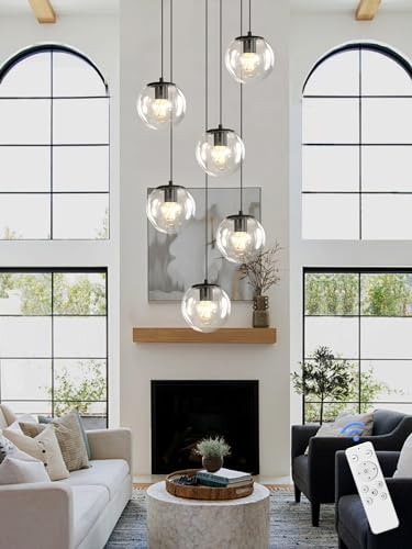 6 Light LED Staircase Modern Glass Globe Pendant Light Large Chandeliers for High Ceilings (Black-Clear / Globe 6-Light)