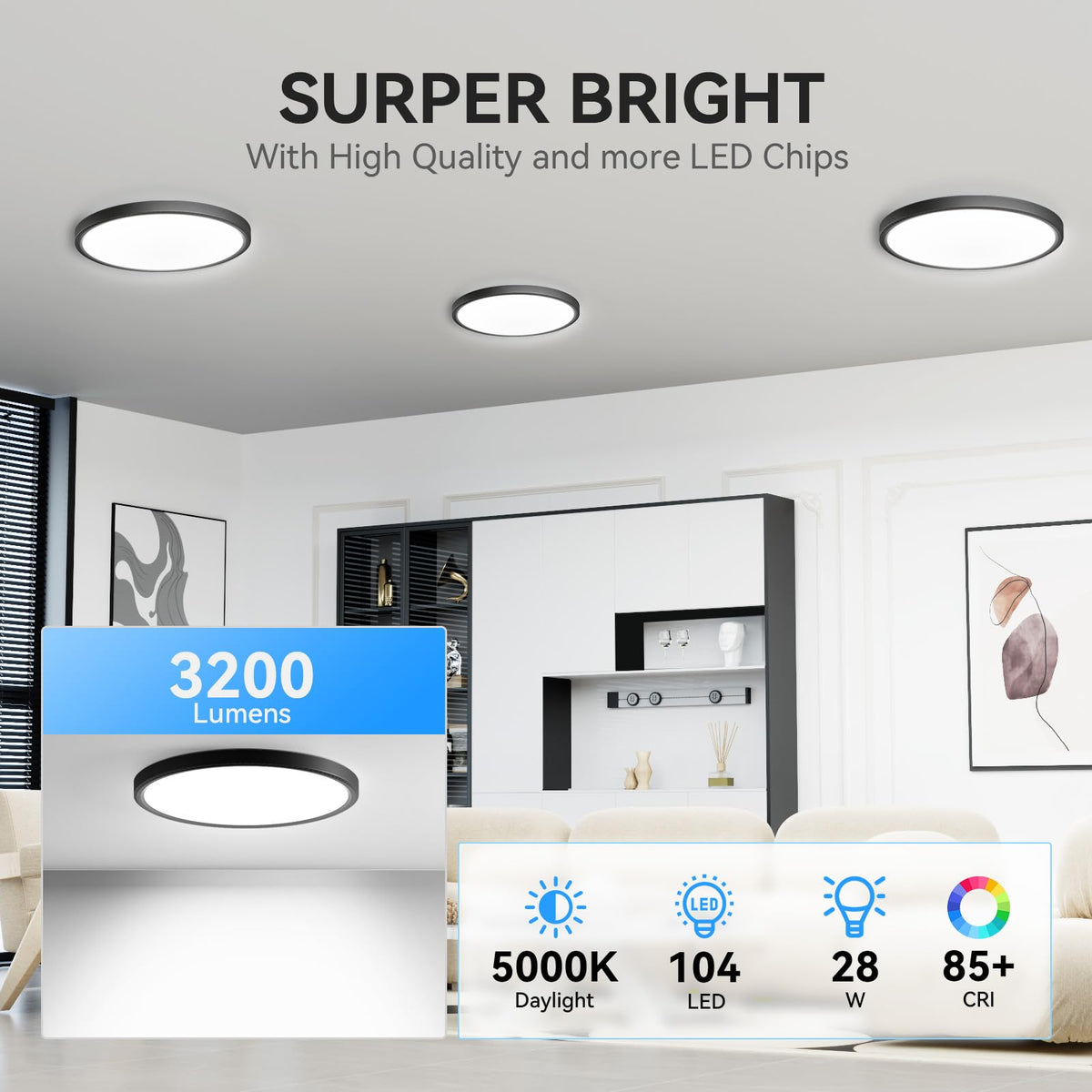3200lm LED Flush Mount Ceiling Light (Black / 12in-1Pack)