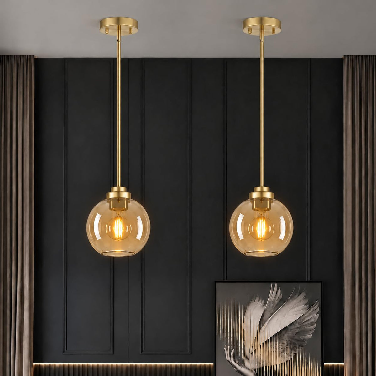 2 Pack Modern Globe Pendant Lights Kitchen Island Amber Glass (Brushed Gold + Amber Glass 2 Pack)