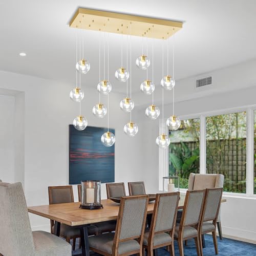 Glass Chandelier LED Modern Gold Pendant Light Globe Ceiling Light 16 (Gold-Clear / Rectangle 16-Light)