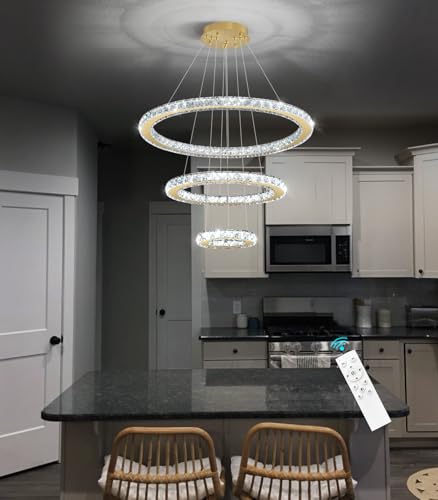 Modern Crystal Chandelier Dimmable LED Ceiling Light Fixture 3 Ring Adjustable Stainless Steel Chandeliers for Dining Room Living Room Bedroom Gold (Gold / 3-Ring 24")