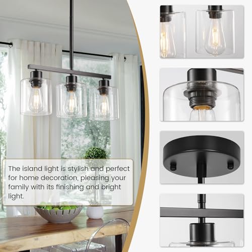 Black 3 Light Kitchen Island Lighting (Black & Clear Glass / 3 Light)