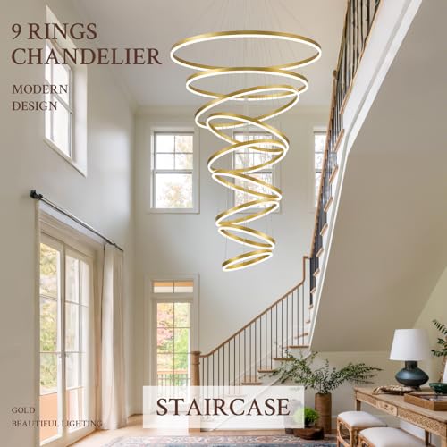 9 Rings D39.4in Modern LED Chandelier Gold Dimmable Foyer Chandeliers Entryway High Ceiling Chandelier with Remote Control for Staircase Entryway Living Room Foyer (Gold / 9 Rings 39.4in)