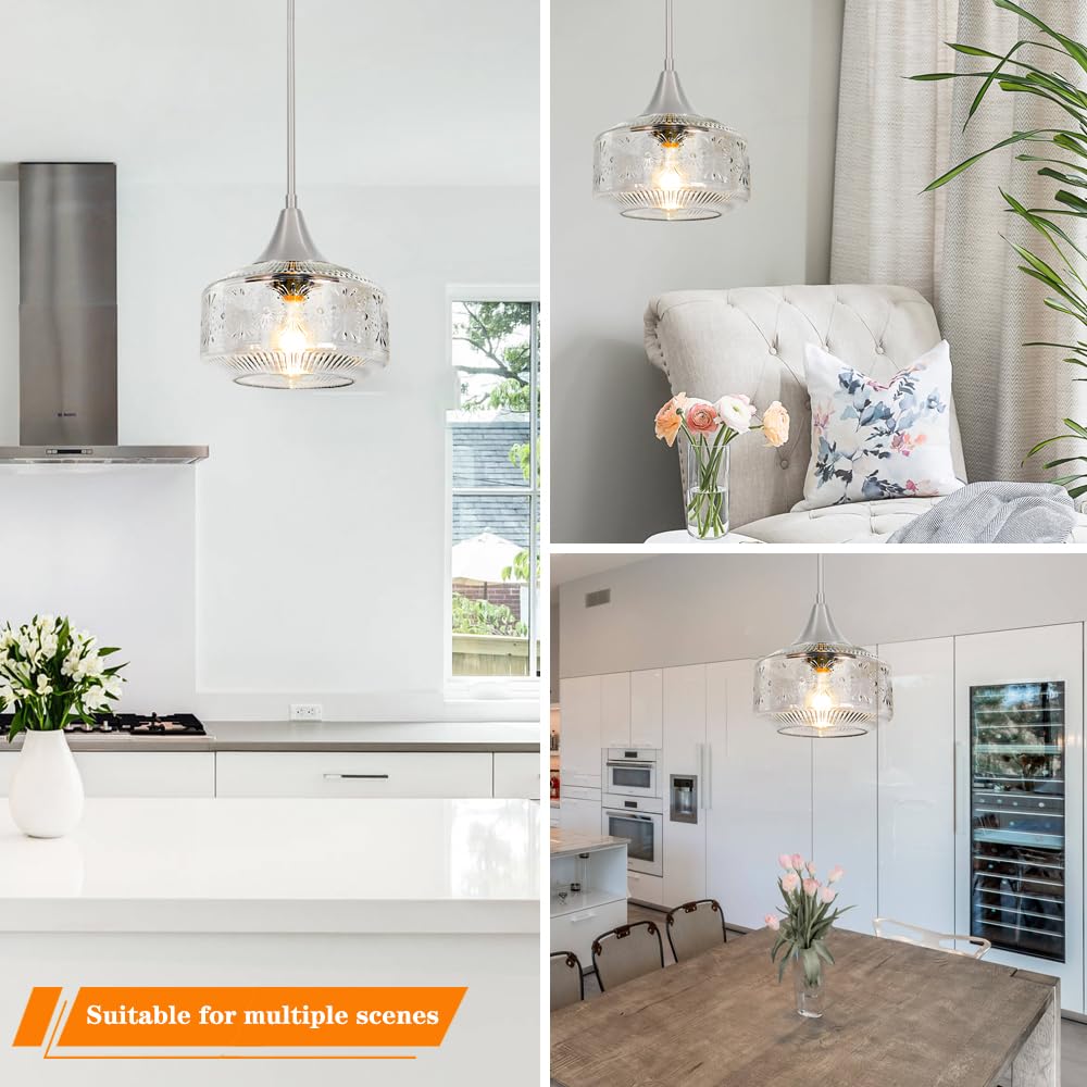 Brushed Nickel Pendant Light Adjustable Hanging Light for Kitchen Island (Nickel+Clear Glass / 9.25in)