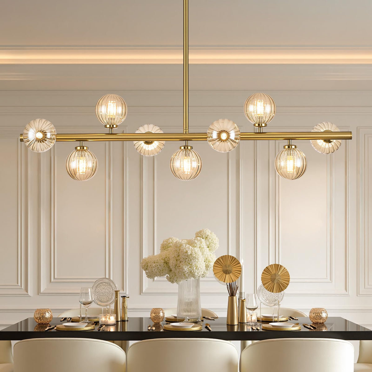 Linear Sputnik Dining Chandelier (Gold + Amber / 9-Light 40 Inch)