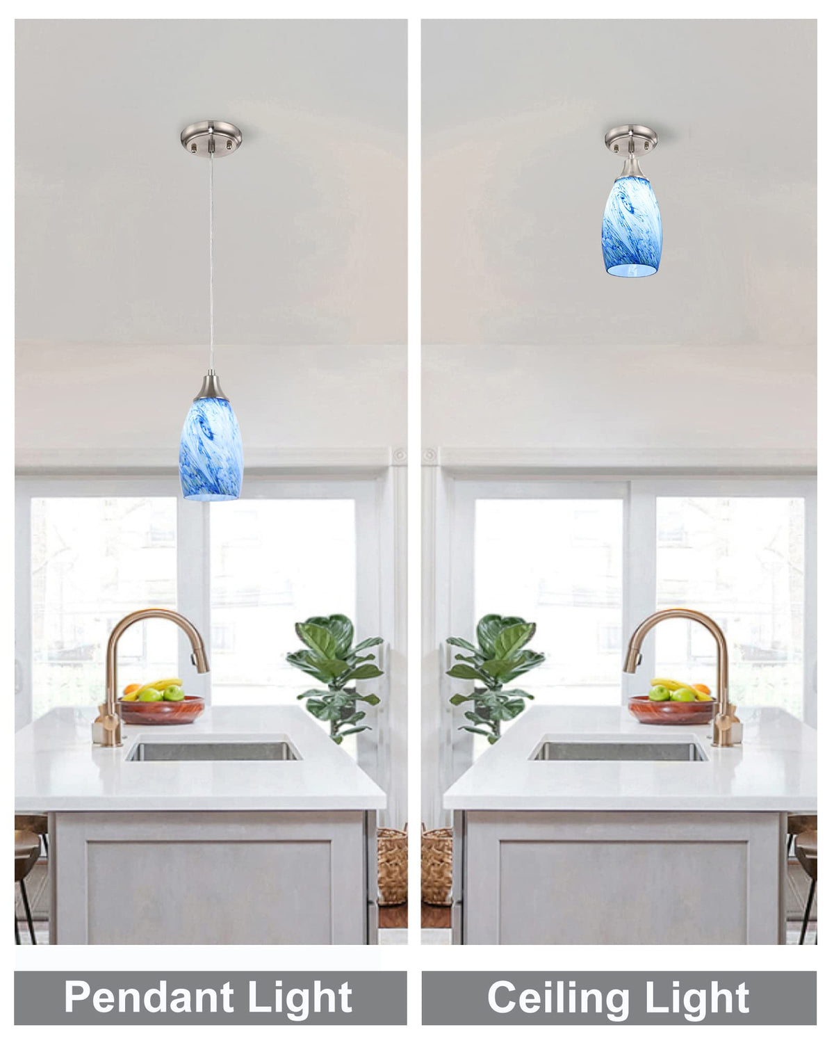 Mini Pendant Lights Kitchen Island White Blue Glass Lamp Shade Hand Blown Glass Pendant Light with Brush Nickel Finish Adjustable Cord for Kitchen Over Sink Hallway (Blue white mixed yellow whirlpool-1Pack)