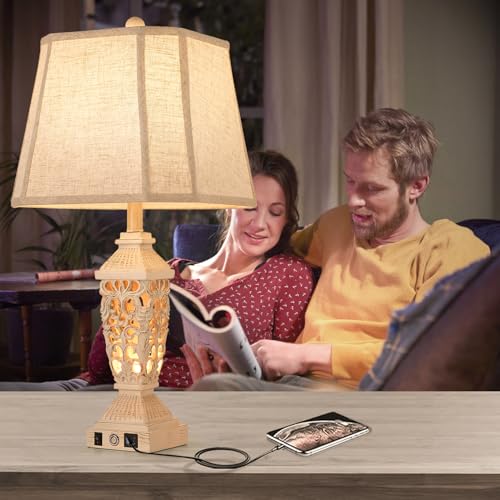 27.5" Touch Control Traditional Table Lamp Set of 2 with USB A+C (Wash White / 27.5")