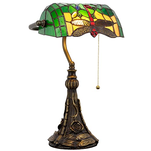 Tiffany Banker Lamp Small Stained Glass Table Lamp Green Dragonfly (Green Dragonfly Style)