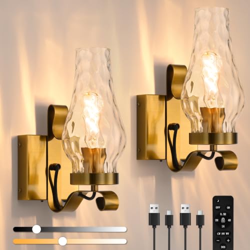 Vintage Battery Operated Wall Sconces Set of 2 (Water Ripple Gold / Battery Operated)