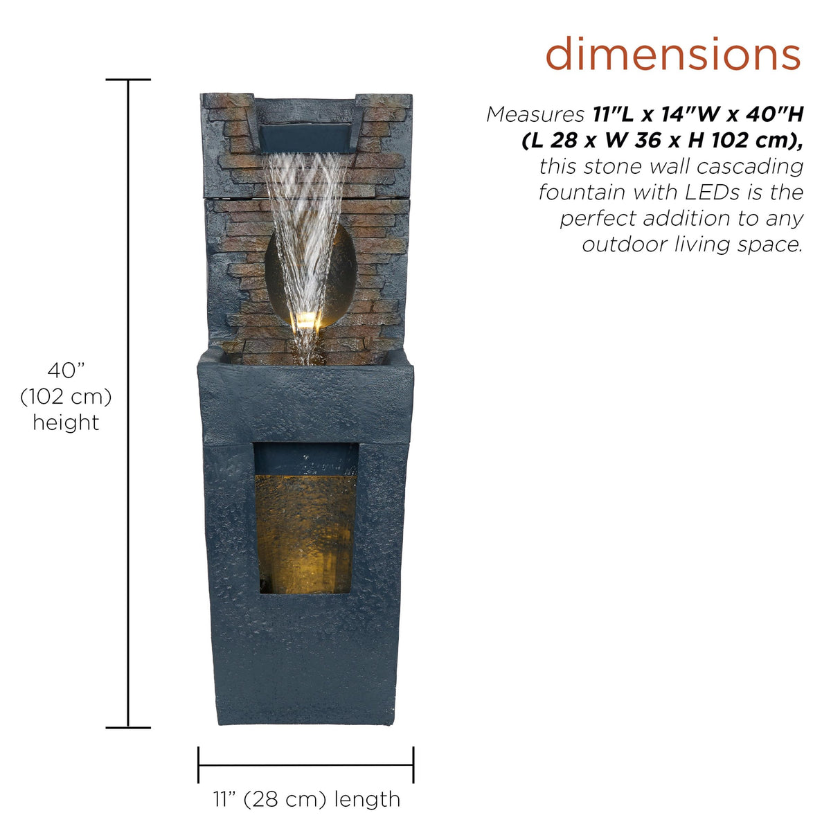TZL398 40" Stone Wall Cascading Fountain with LED Lights (40"H - Gray Stone Wall w/ LEDs)