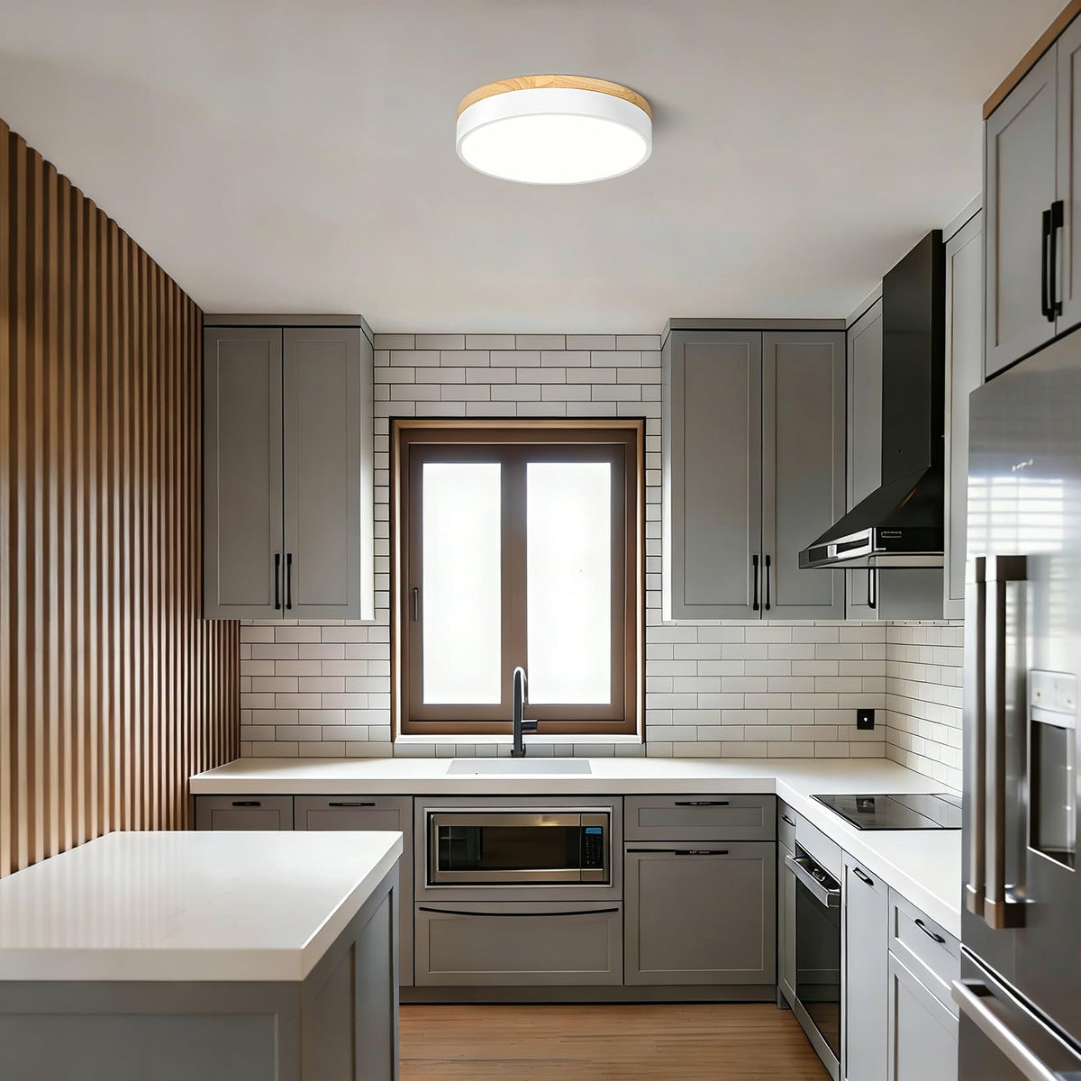 Dimmable LED Wood White Round Flush Mount Ceiling Light 11.81 Inch (White- Dimmable / 11.81 Inch)