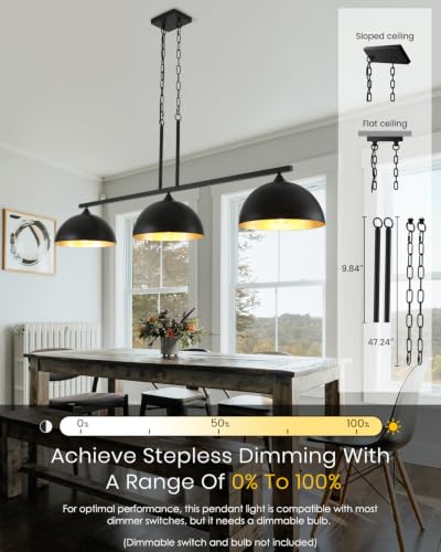 3 Light Island Light for Kitchen (3 Light / Black)