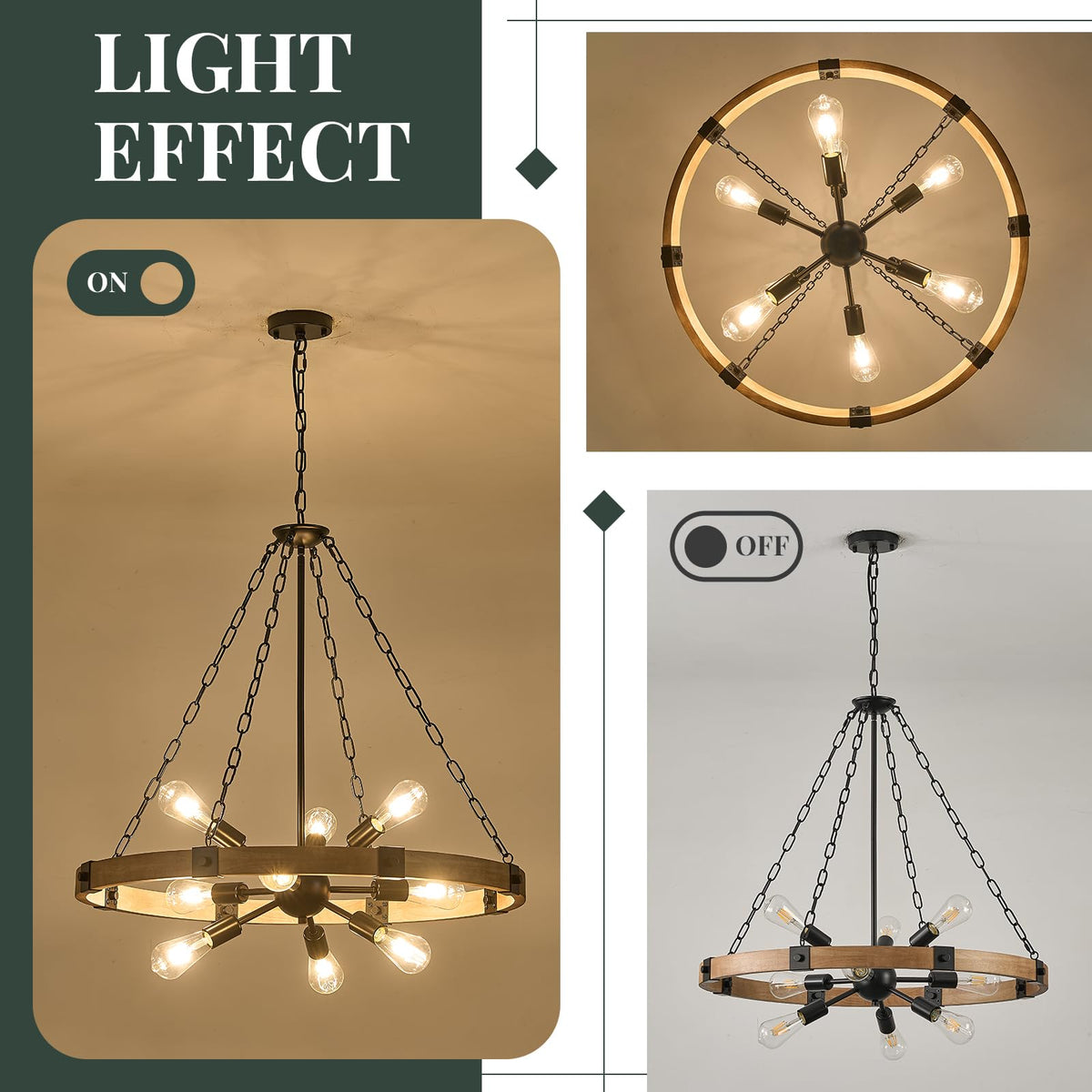 Farmhouse Wagon Wheel Chandelier 31" Wooden Chandelier Light Fixture (Oak / 31.5 inch 9-Light)