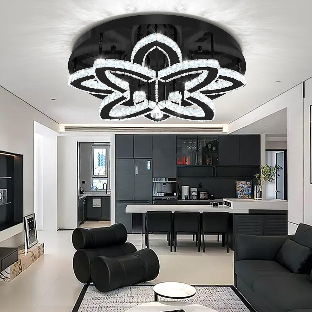 Dia 24" Modern Crystal Chandeliers Black Chandelier LED Flush Mount Ceiling Light for Living Room Dining Room Bedroom Foyer Entryway LED Dimmable 2700 (Black / Dia 24")