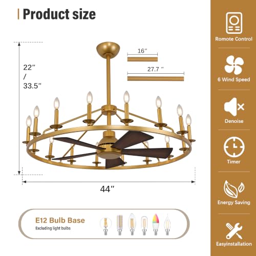 44" Wagon Wheel Chandelier Ceiling Fan with Lights (Gold / 44 inch)