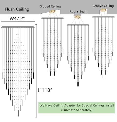 W47 x H120 Crystal LED Chandelier with Light Bulbs Luxury Raindrop High Ceiling Chandeliers for Entryway Villa Staircase Foyer Living Room Lighting Fixtures Gold (Gold / Round W47" X H118")
