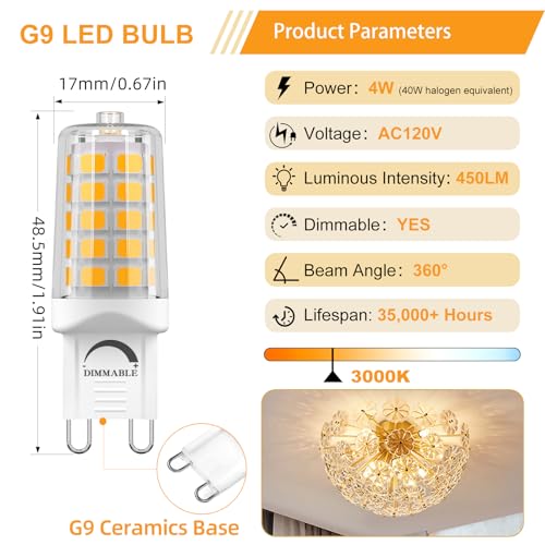 Dimmable G9 LED Bulb 4W Eqv 40 Watt 3000K Warm White 12 Pack