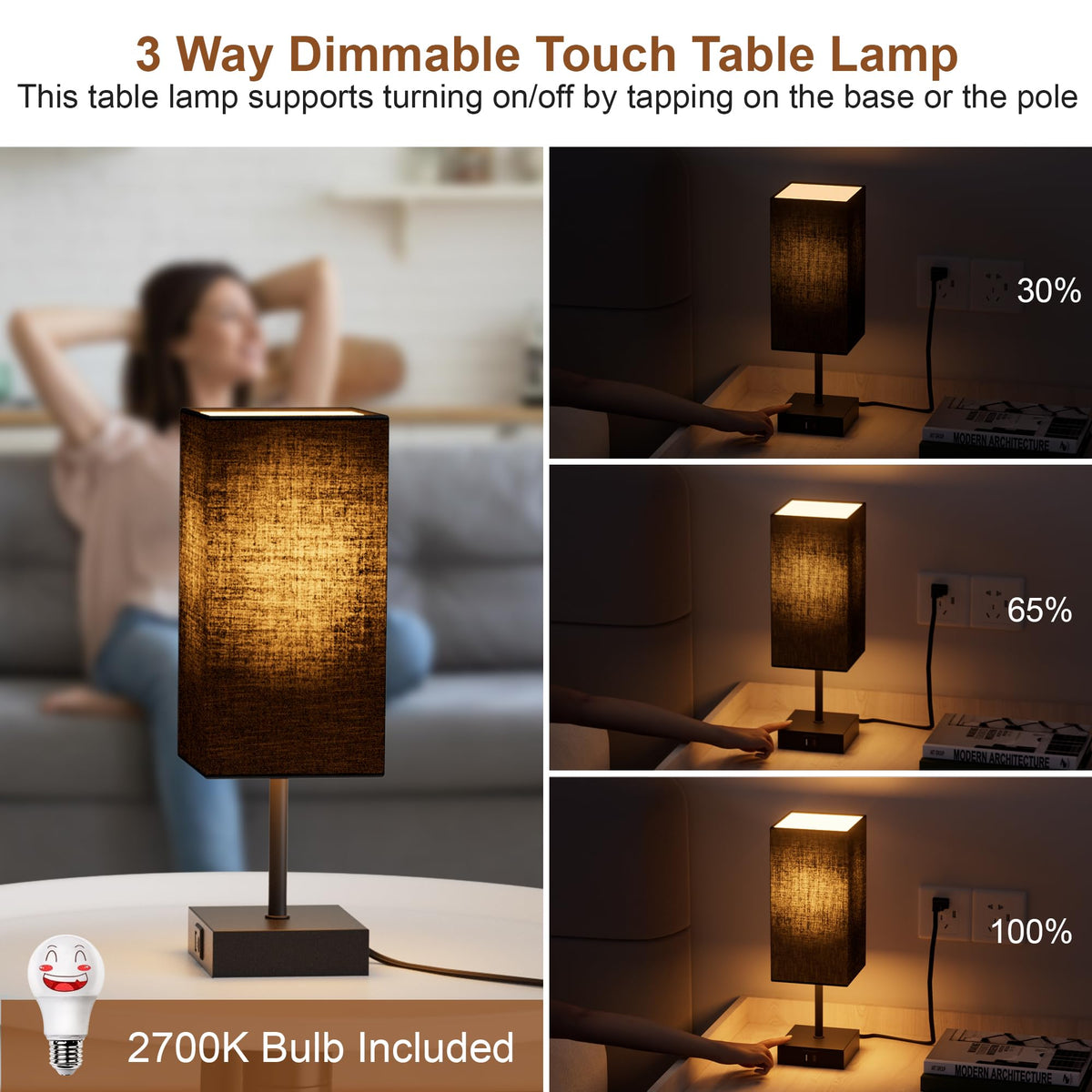 Bedside Table Lamp for Bedroom with 2 USB Ports (Black / 1-Pack)