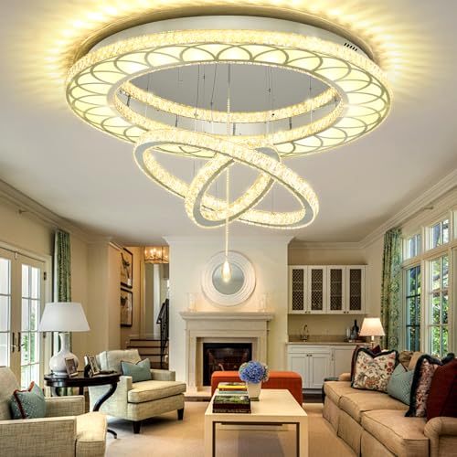 Dia 32" Modern Crystal Chandelier Crystal Silver Ceiling Light Fixtures LED Flush Mount Ceiling Light for Living Room Bedrooms Dining Room Dimmable 2700k 4500k 6000k (Silver / W:32inches)