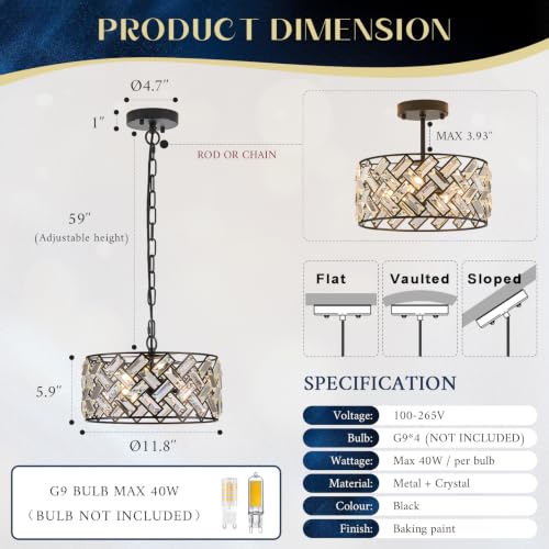 12" Black Crystal Chandelier 4 (Drum Black)