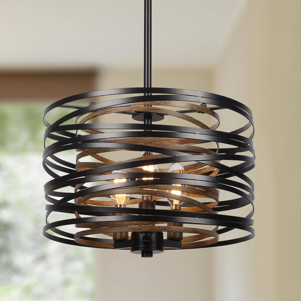 12.6'' Farmhouse Chandeliers for Dining Room (Black with Retro Wood Texture Interior / 12.6"/3-Light)