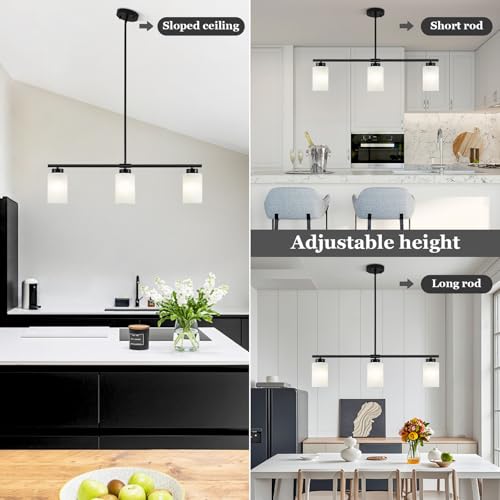 31" Kitchen Island Lighting 3 Light Black Pendant Light for Kitchen Island with Milk Glass Shade Modern Linear Chandelier Adjustable Hanging Farmhouse Light Fixtures Over Dining Table Living Room (Black / 3-light)