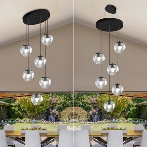 6 Light LED Staircase Modern Glass Globe Pendant Light Large Chandeliers for High Ceilings (Black-Clear / Globe 6-Light)