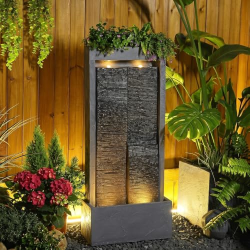 59H Modern Outdoor Water Fountain with LED Light Garden Cascading Waterfall Feature for Indoor or Outdoor Large Water Fountain for Relaxing Garden Patio Backyard Deck Porch or Home Décor (59.06H / Gray)