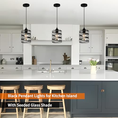 Black Modern Pendant Light for Kitchen Island Over Sink (Black Seeded Glass / 1 Light)