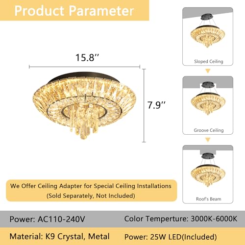 Crystal Chandelier Modern Round Ceiling Light Fixture LED Raindrop Chandeliers Dimmable with Remote for Dining Room Living Room Entryway Hallway Bedroom