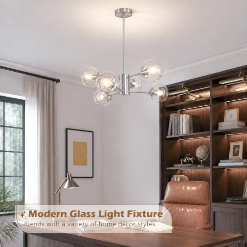 6-Light Mid-Century Modern Nickel Sputnik Chandeliers Dining Room (Clear, Nickel, M)