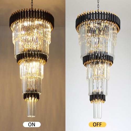 Staircase Chandeliers for High Ceiling Large Black and Gold Crystal Chandelier Long Entryway Chandeliers Adjustable Chain for Foyer Living Room Entryway 24″W x 48″H (D24"XH48" Black)
