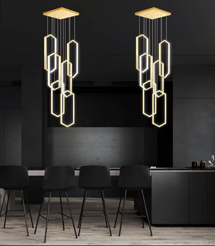 6 Rings Modern Chandelier LED Dimmable Pendant Lighting Adjust Flush Mount Ceiling Light for Foyer Lobby Living Room Staircaes Gold (Gold / 20in x 9.8in x 78in)