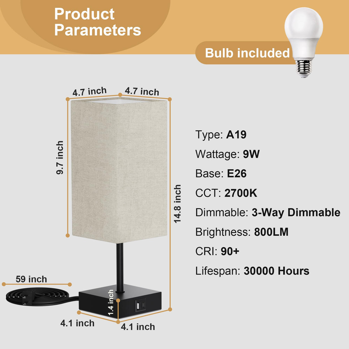 Bedside Table Lamp for Bedroom with 2 USB Ports (Upgraded Beige / 1-Pack)