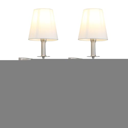 Set of 2 Classic Rustic Industrial Wall Sconce Lighting Fixture with Flared White Textile Lamp Shade and Antique Brass Tapered Column Stand