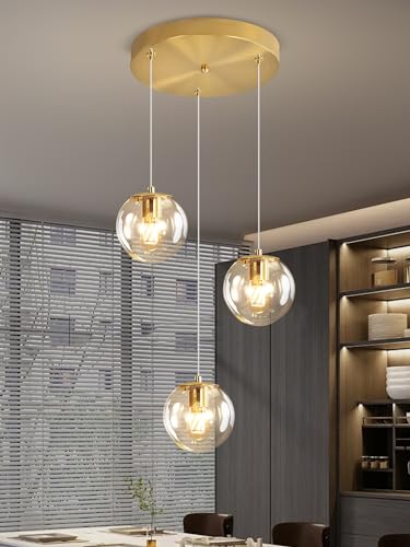 3 Light Modern Gold Pendant Light Hanging Fixture Light for Kitchen Island Mid Century Globe Pendant Light Glass Chandelier for Living Room Bedroom Entryway (Gold-Clear / Globe 3-Light)
