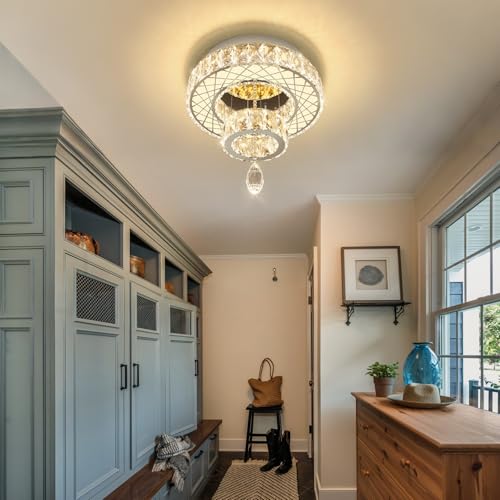 Modern Glam Ceiling Chandelier Bedroom Light Fixtures Crystal Flat Sloping Ceiling Lights for Hallway Kitchen Dining Room Dimmable Light with Remote Silver (12 inch / Silver)