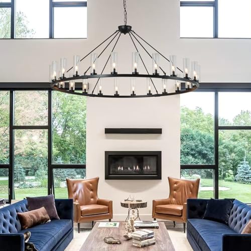 24 Light Large Wagon Wheel Chandelier with Clear Glass Shade Black Round Pendant Light Farmhouse Industrial Chandeliers Dining Room Light Fixture for Stair Living Room Foyer Kitchen (Black / 1 Tier-24 Lights)