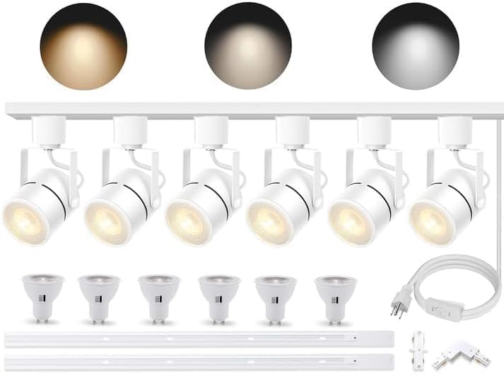 Track Lighting Kit with GU10 3CCT Dimmable Replaceable Bulbs White 6 Heads (White)
