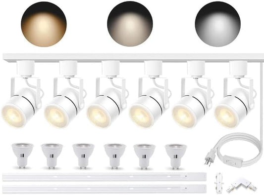 Track Lighting Kit with GU10 3CCT Dimmable Replaceable Bulbs White 6 Heads (White)