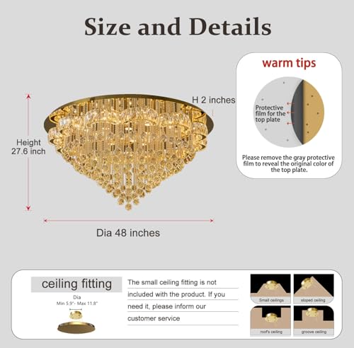 48inches Gold Crystal Chanderliers for Living Room Entryway Modern Crystal Folwer Ceiling Light for Foyer Interior LED Dimmable Lighting 2700k 4500k 6000k (Gold / 48inch)