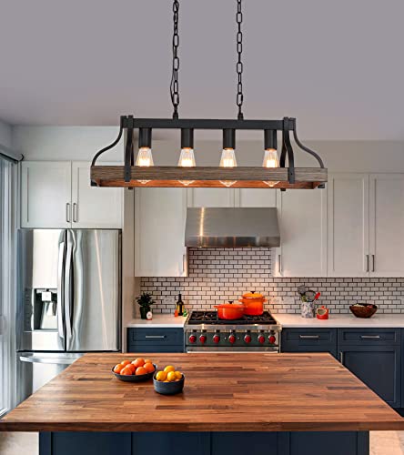 Rustic Kitchen Island Dining Room Light Fixture Farmhouse Linear Chandelier Black and Retro Wood Finish 4 (4-Light retro wood)