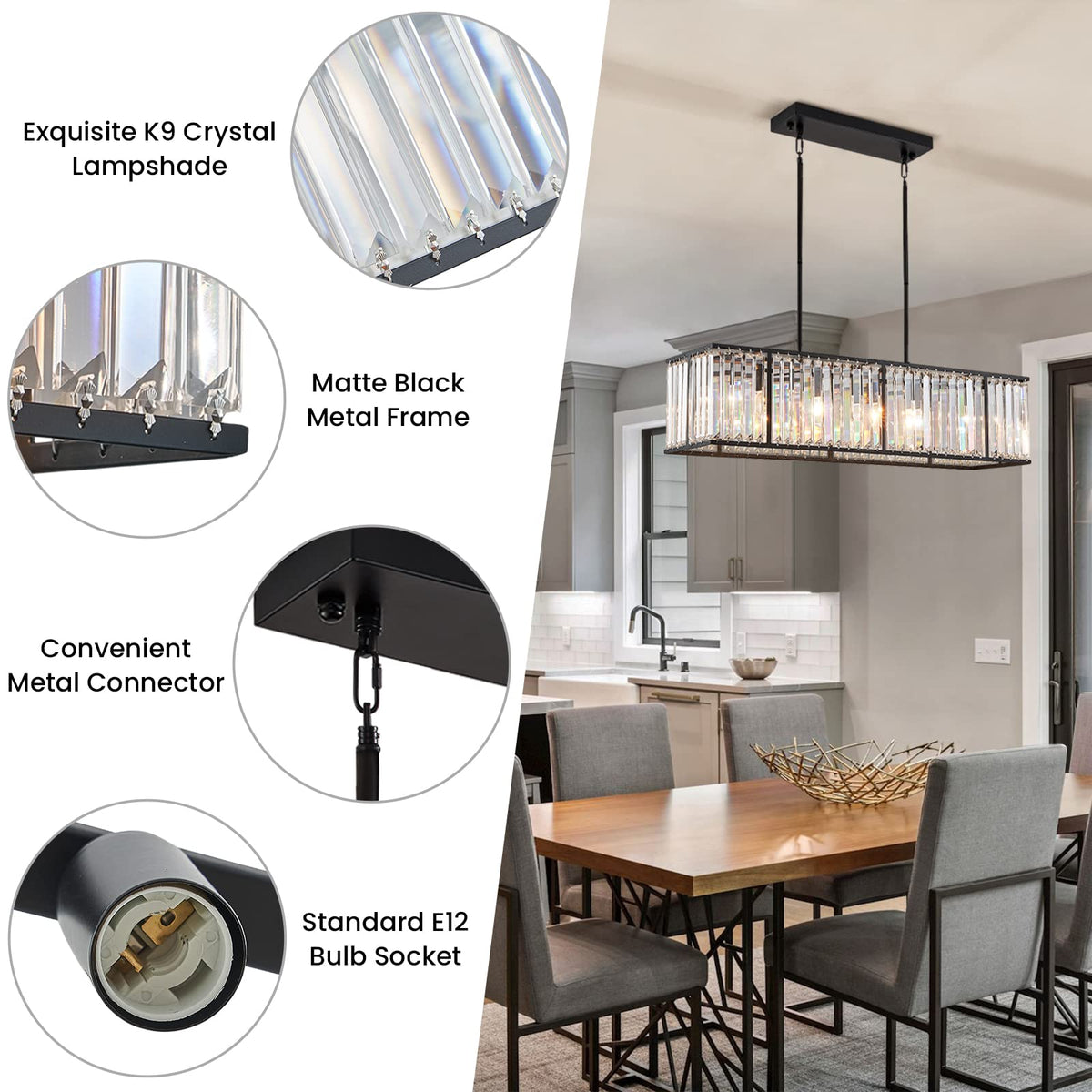 Modern Black Rectangular Crystal Chandelier for Dining Room L33.5'' (Black / L33.5 Inch)