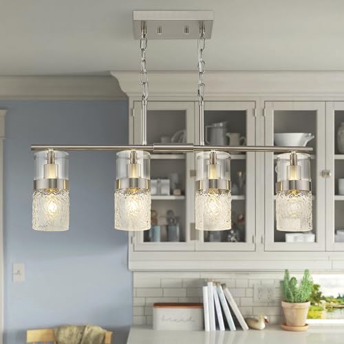 4 Light Brushed Nickel Island Chandelier Lights for Kitchen (Silver -Hammered Glass / 3.5" Hammered Glass, 4-Light)