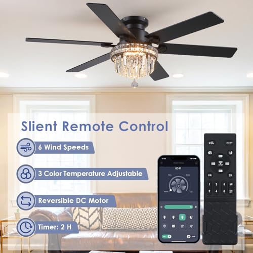 52" Low Profile Crystal Ceiling Fans with LED Lights and Remote (Black-52IN-8341)