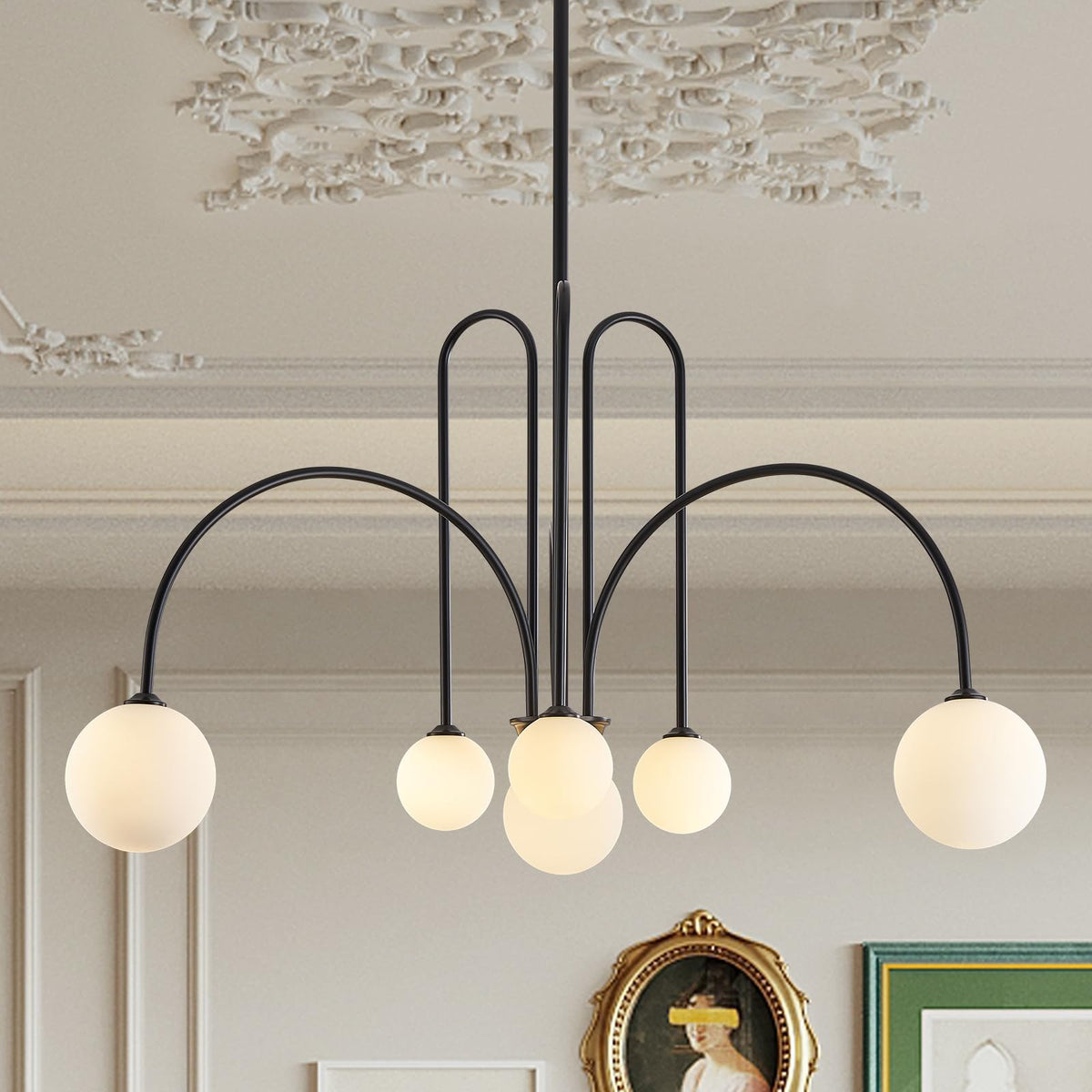 Modern 40" 6 Light Black Sputnik Chandelier with Milk Glass Globe (Black / 6-globe)