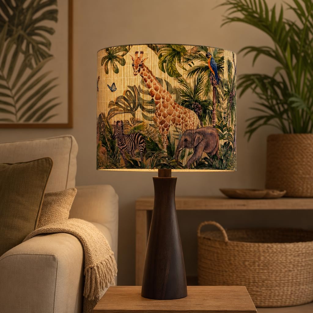 2 Pack Jungle Safari Print Drum Lampshade 13x13x10 in (Bamboo print)