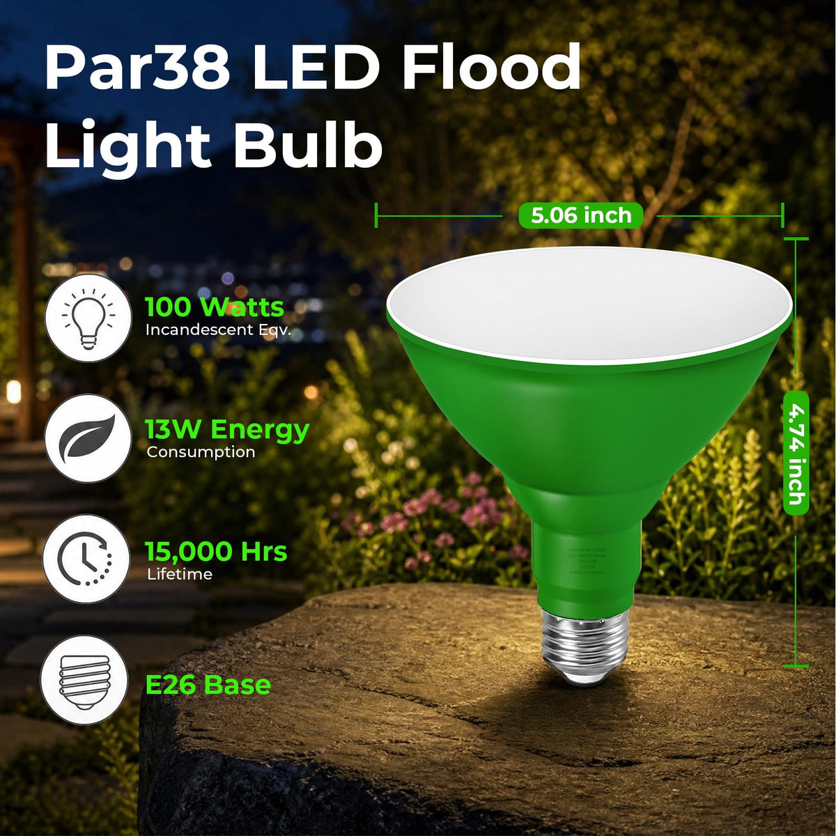 PAR38 Dimmable Green Light Bulb (Green / 2 Pack)