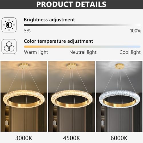 24" Ring Modern LED Dimmable Crystal Chandelier Adjustable Height Pendant Light Round Crystal Chandelier Light Fixtures for Dining Room Living Room Kitchen Island Gold (Gold / 1 Ring Round 24")