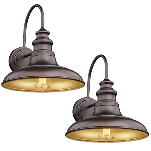 Outdoor Barn Light Fixture Farmhouse Wall Mount Light Wall Sconce Exterior Wall Lighting Fixture Industrial Bronze Finish Lantern for Porch with Gold Interior (Oil-Rubbed Bronze / 12-RZ004-2PACK(Not Dusk to Dawn))
